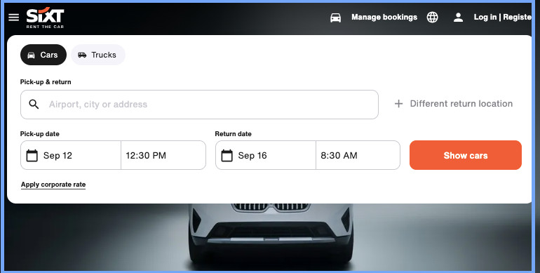 Screenshot of Sixt car search